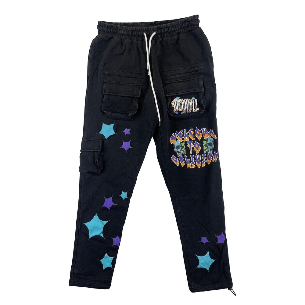 Sugarhill Cargo Sweatpants Star Patch Welcome Oblivion Mens XL Black Streetwear